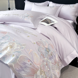 高级感轻奢A类全棉四件套高档花卉刺绣被套床笠亲肤裸睡床上用品4