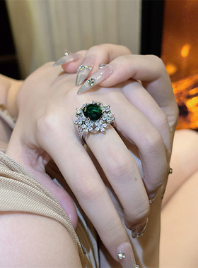 欧美精致高级感祖母绿复古戒指