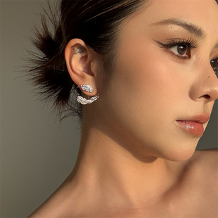 小众设计感925银针轻奢水钻羽毛 气质锆石微镶日常百搭大耳钉耳环