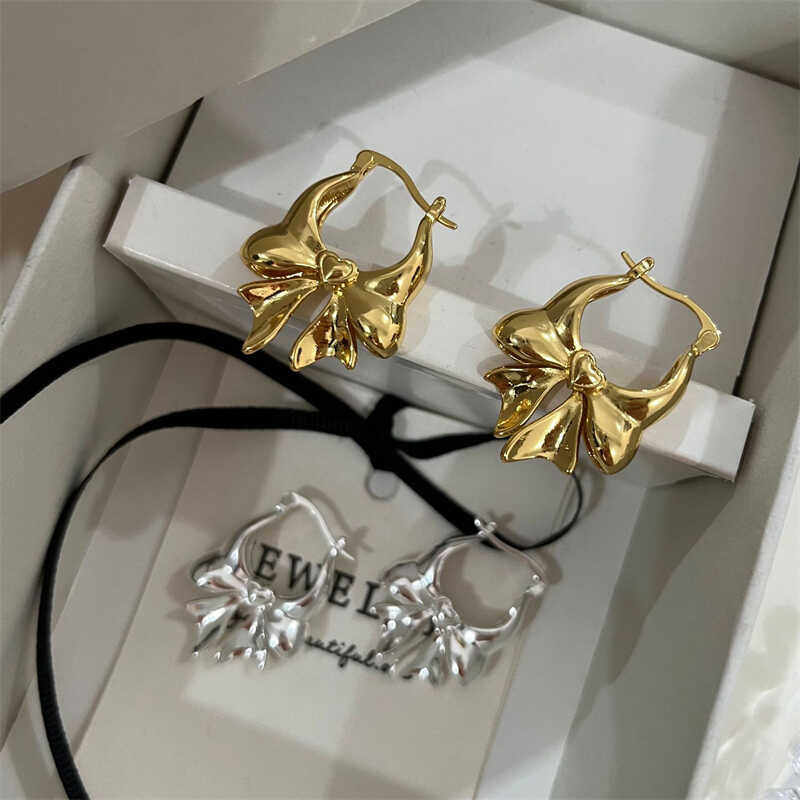 韩系甜美复古蝴蝶结 气质百搭黄铜镀金小众设计感金属耳扣大耳环