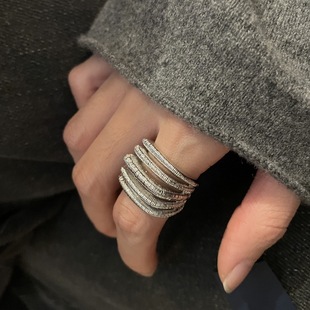 欧美风复古设计感多层金属拉丝 弧面高级感夸张混搭个性开口戒指