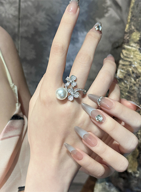 欧美小众设计感 珍珠花朵锆石微镶复古高级感轻奢ins个性开口戒指