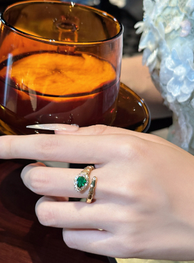 欧美复古高级祖母绿宝石灵蛇戒指