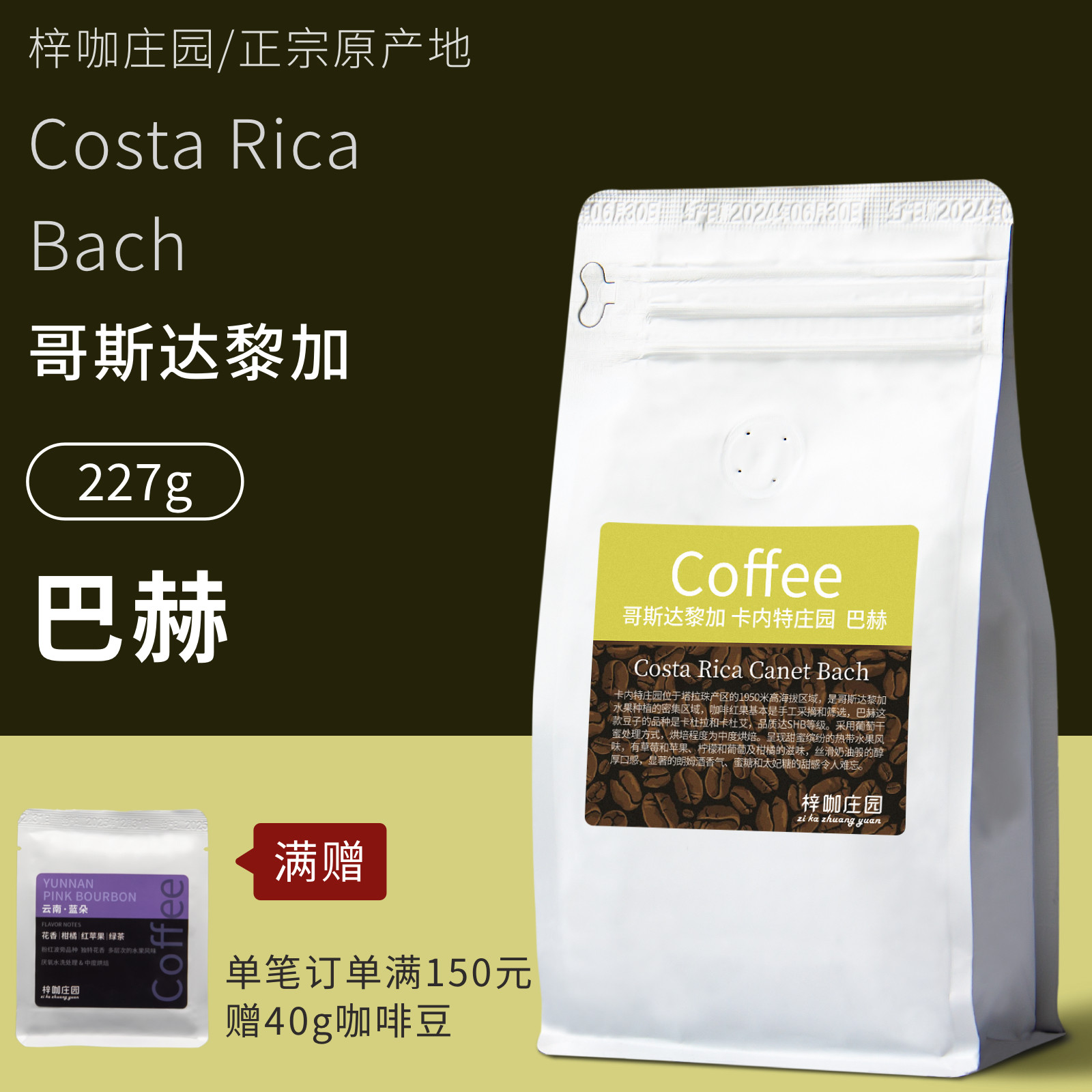 梓咖庄园进口哥斯达黎加巴赫葡萄干处理咖啡熟豆新鲜烘焙227g袋装