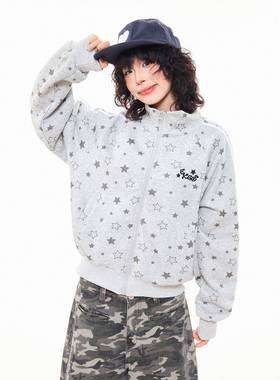 MKGO 美式覆古星星满印灰色开衫卫衣女秋季新款宽松情侣立领外套