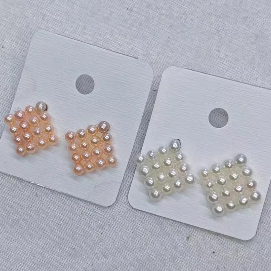 好魅071520天然淡水珍珠耳钉纯银耳针精美气质手工编织款菱形耳坠