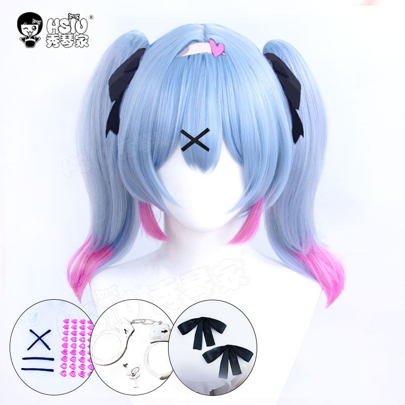 秀琴家 初音兔子洞cos假发 配饰兔耳发箍 蓝色分层渐变粉 蓬蓬丝