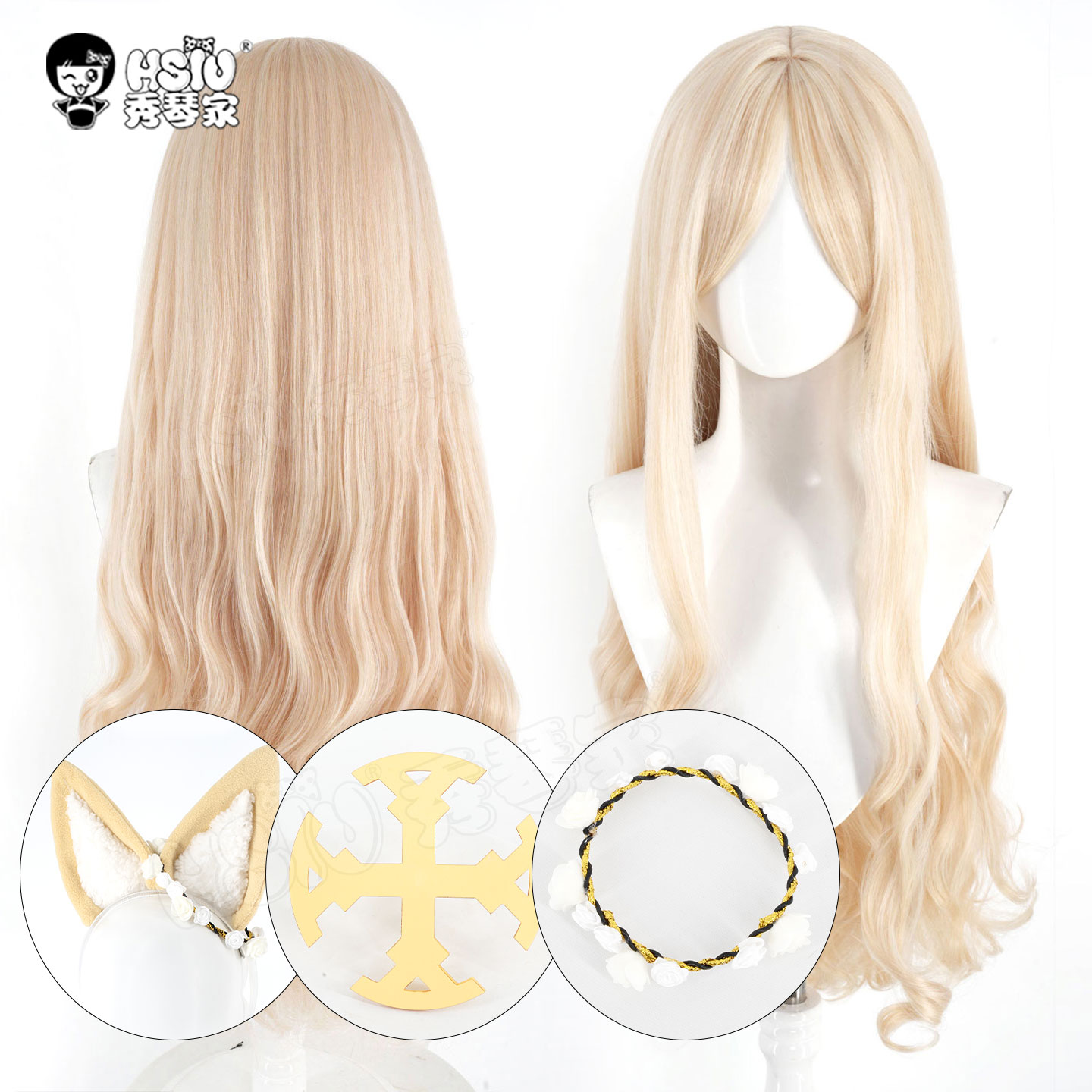 秀琴家 碧蓝档案 百合园圣娅cos假发 奶油黄原皮 混丝混蓬 配饰