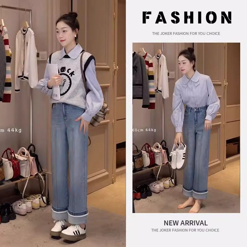 春季小香风穿搭女2025新款韩版衬衫卡通针织马甲牛仔裤三件套装