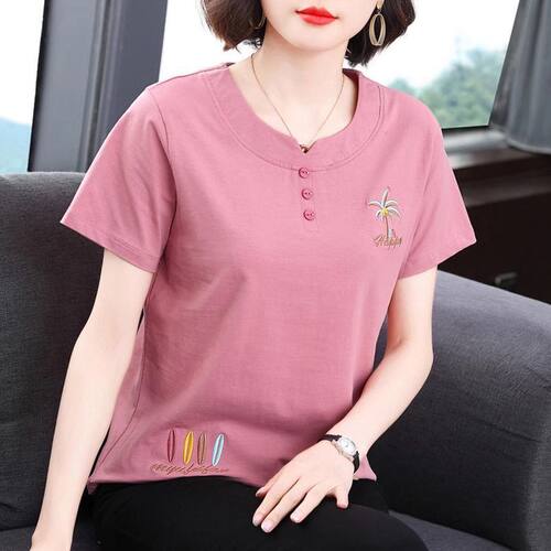 棉质短袖T恤女显瘦百搭休闲2026夏季新款时尚妈妈上衣女刺绣圆领