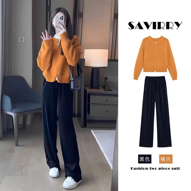 梨形身材针织衫穿搭套装女秋冬款时尚洋气毛衣黑色阔腿裤两件套潮