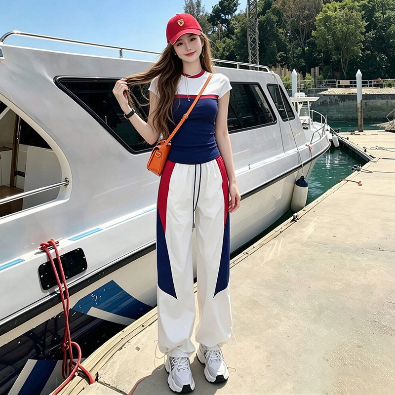 时尚运动套装女夏季小个子休闲圆领拼色修身短袖T恤束脚裤两件套