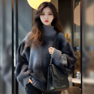 高领灰色扎染毛衣女秋冬小香风上衣加厚美式百搭宽松慵懒风针织衫