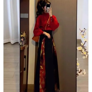 国风红色针织毛衣马面裙两件套装 冬季 今年流行漂亮穿搭女新中式