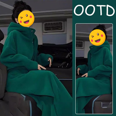 冬装搭配一整套高级感小香风休闲绿色加绒款连帽外套阔腿裤套装女