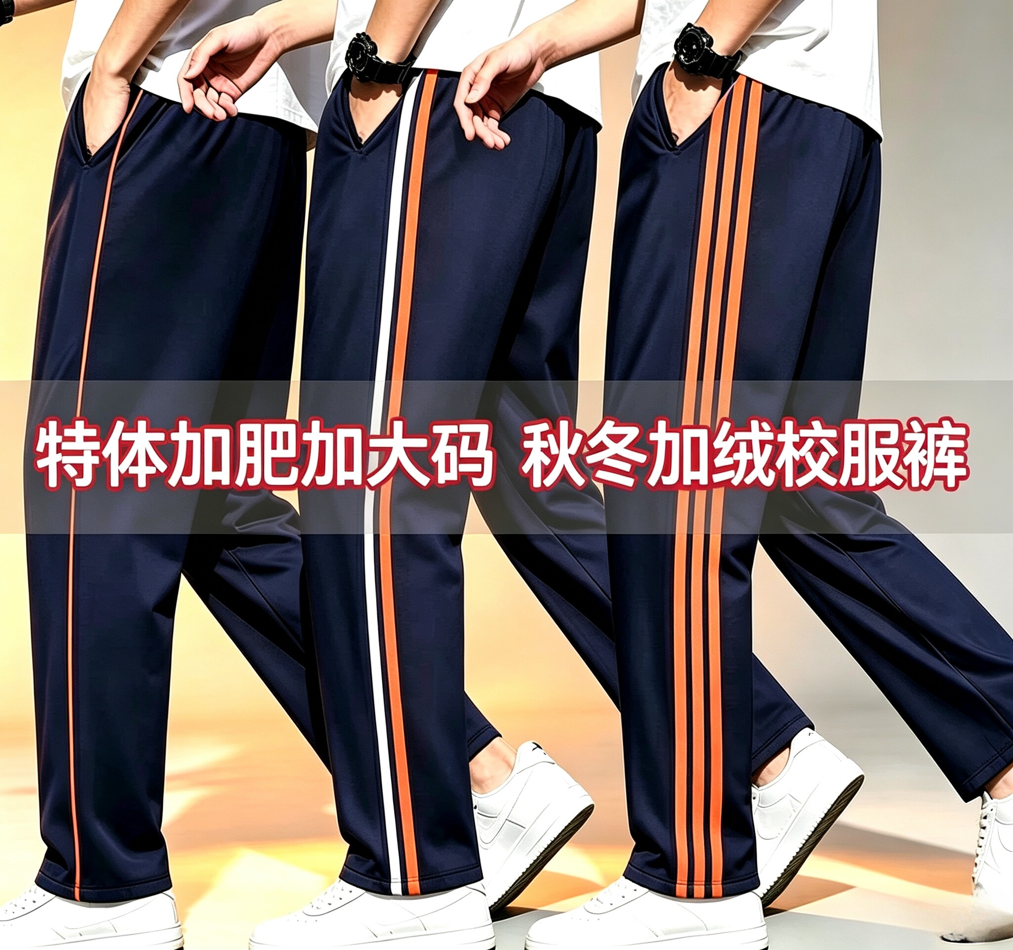 校服裤子初高中小学生运动宽松加肥加大码加绒秋冬保暖橘边桔橙条