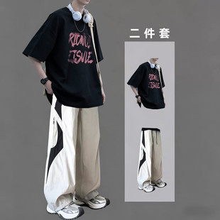 纯棉短袖t恤男生夏季百搭休闲运动服套装青少年男装帅气学生潮流