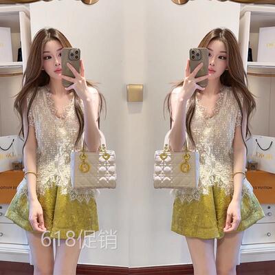 小个子独特漂亮套装夏季减龄一整套穿搭无袖上衣阔腿短裤两件套女