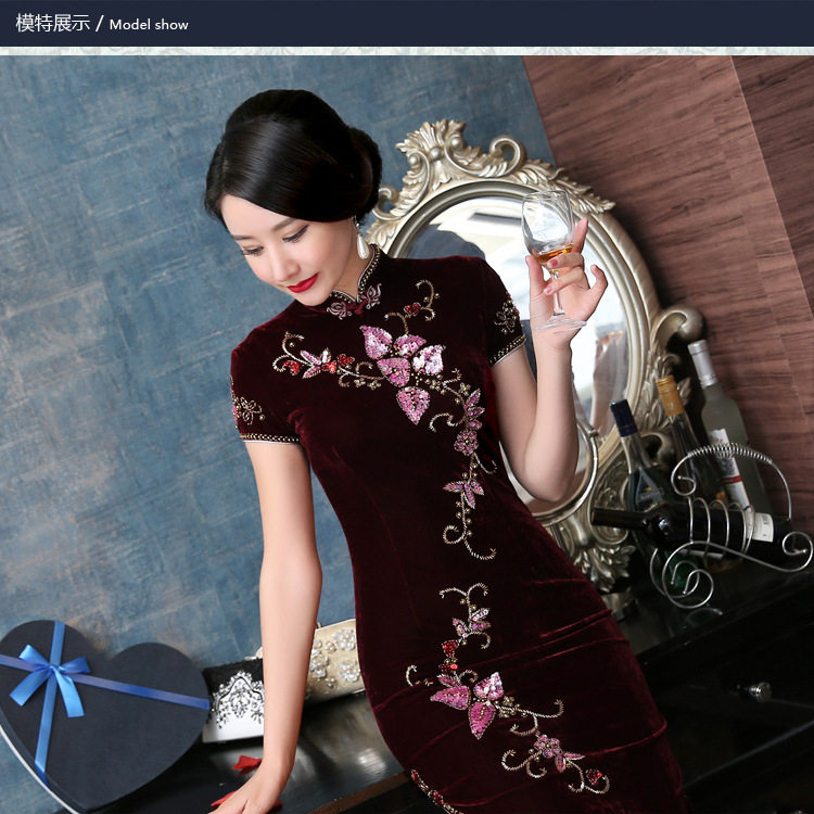 金丝绒旗袍中长款立领喜妈妈高档旗袍