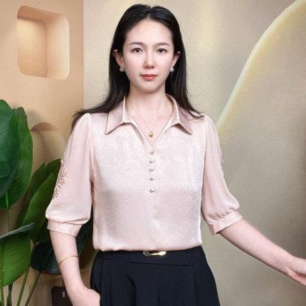 五分袖衬衫女夏季新款设计感袖口刺绣宽松小衫上衣显瘦衬衣