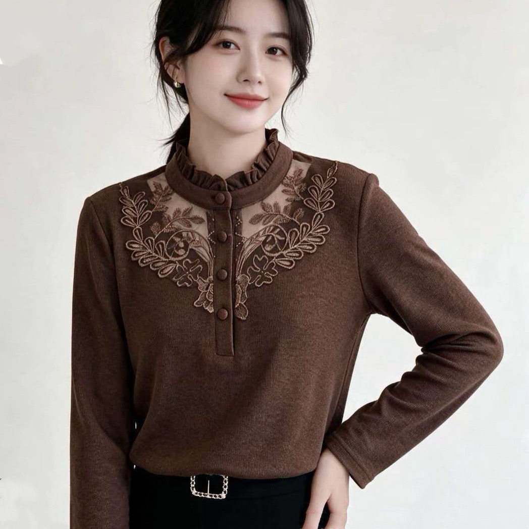 秋冬加绒新款一体绒花边领镂空衬衫气质显瘦女士小衫打底衫衬衣