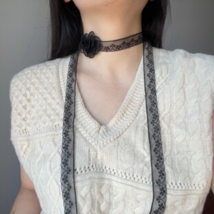 纯欲系蕾丝性感颈链女锁骨链choker项圈颈带脖链项链黑色花朵系带