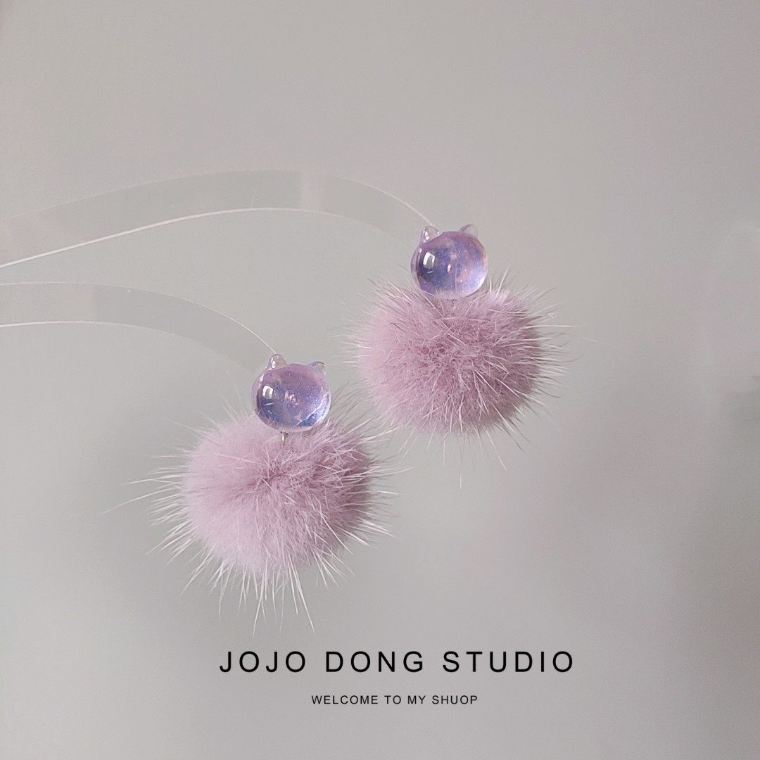 可爱闪闪猫咪水貂毛紫色毛球银针耳环气质名媛耳钉耳饰秋冬耳夹,饰品/流行首饰/时尚饰品新,耳钉,淘宝优惠券,粉丝福利购,淘宝优惠卷