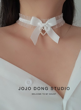 猫系女友白色蕾丝蝴蝶结珍珠爱心项圈choker女锁骨链配饰性感颈带