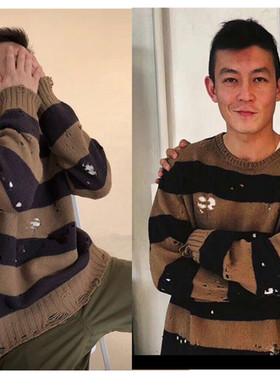 休闲潮条纹同款套头加厚冬季毛衣
