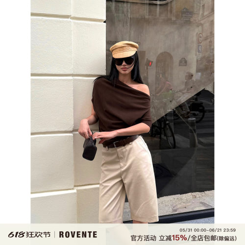 rovente咖啡色斜领露肩短袖T恤