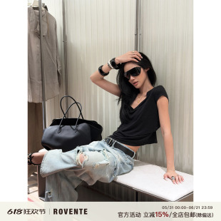 rovente 入夏呼吸黑色亚麻V领休闲T恤女夏季纯欲修身宽松短袖上衣