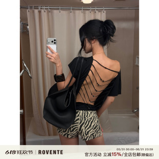 rovente 背影kill黑色露背串珠T恤女莫代尔斜肩辣妹短袖镂空上衣