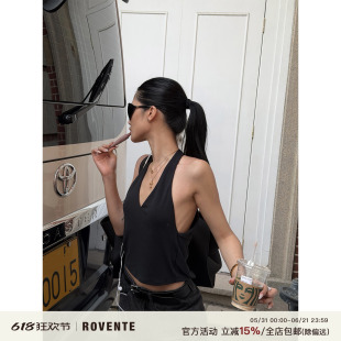 rovente 热浪曼谷藏蓝无袖挂脖V领背心女夏辣妹露背短款吊带上衣