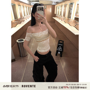 rovente 娇心尤物白色蕾丝一字肩镂空修身T恤女辣妹性感短袖上衣