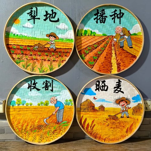 网红竹编簸箕画学校菜地研学装饰