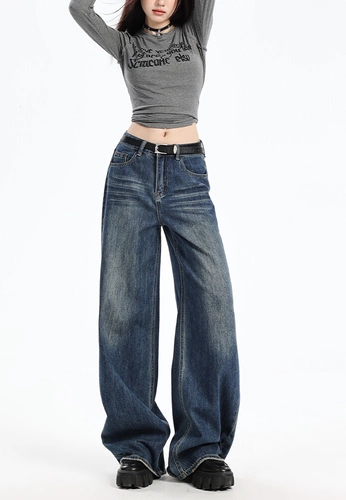 复古阔腿牛仔裤女秋季新款美式高街松弛感宽松显瘦百搭直筒拖地裤