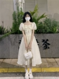 法式甜美连衣裙女2022夏季韩版初恋奶甜公主裙蝴蝶结泡泡袖长裙子