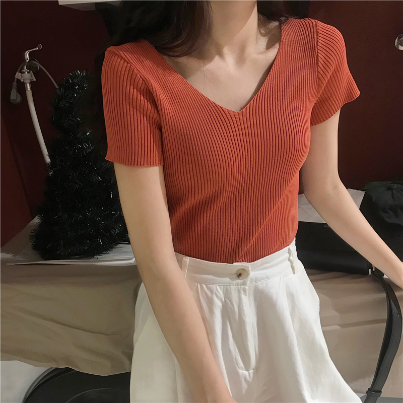 韓版小V領針織短袖女夏裝2019新款chic百搭修身顯瘦t恤上衣ins潮在類目 女裝/女士精品, 毛針織衫中 - 來自Buy2taobao.com提供專業的淘寶代購服務