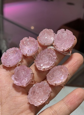 天然水晶海蓝宝粉摩戒指s925纯银镶嵌活口女款牡丹花粉色纯银