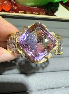 天然紫黄水晶手镯925银镶嵌女款珠宝首饰活口意大利工艺大颗粒