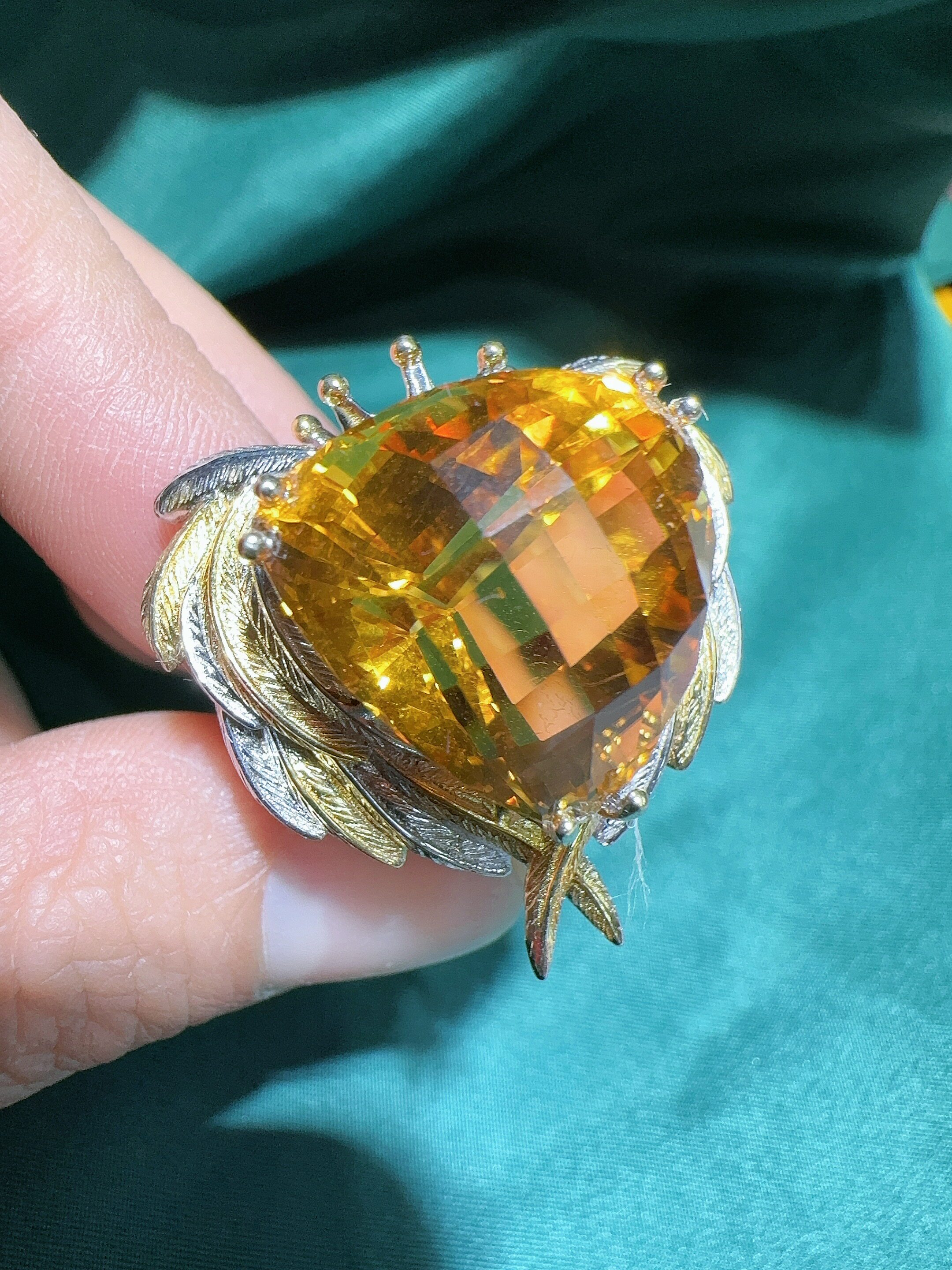 天然黄水晶戒指银镶嵌大颗粒晶体干净千玺切意大利工艺镶嵌