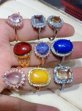 韩国小巧精致轻奢戒指简约个性时尚黄水晶蜜蜡紫龙晶青金石血珀