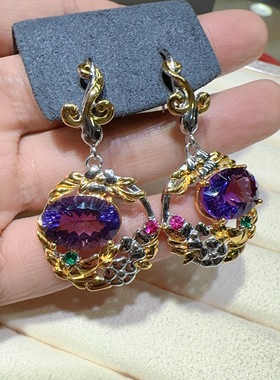 天然水晶紫水晶耳坠925银镶嵌体颜色好意大利工艺女款耳坠