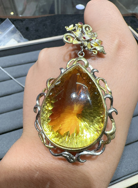 天然巴西黄水晶吊坠意大利工艺s925纯银镶嵌毛衣链大颗粒千禧切工