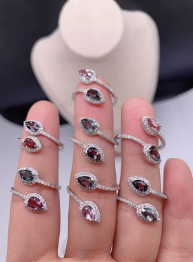 天然缅甸尖晶石戒指s925纯银镶嵌水滴梨形活口水晶宝石