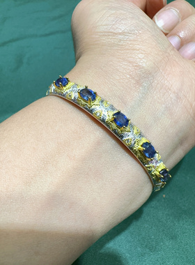 精品天然老烧蓝宝石纯银镶嵌手镯 S925银开口女款时尚大气双色