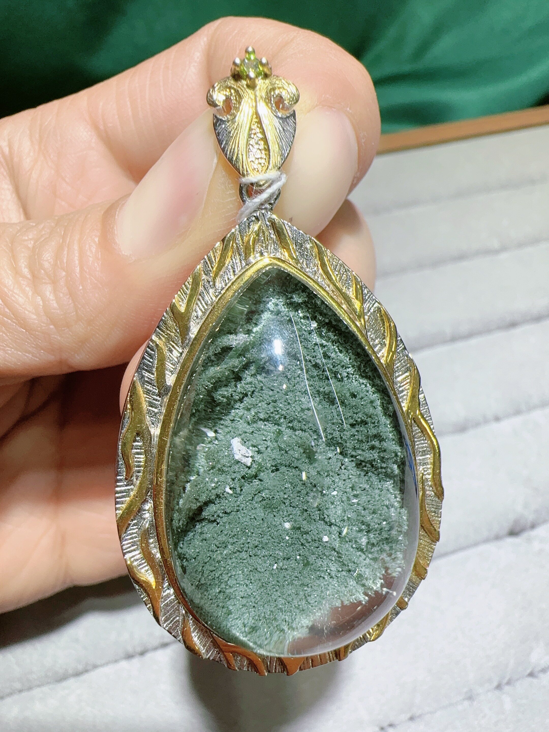 天然绿幽灵吊坠925银镶嵌水晶包裹体大颗粒意大利工艺女款毛衣链