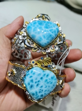 天然水晶拉利玛海纹石吊坠s925银镶嵌体颜色好火彩好意大利工艺