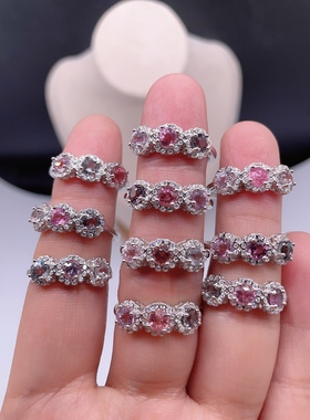 天然缅甸尖晶石戒指s925纯银镶嵌活口女款水晶彩宝排戒