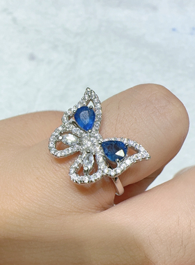 925银镶嵌天然宝石蓝宝石蝴蝶设计戒指活口女款时尚大气